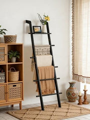 67in Black Wood Blanket Ladder with Top Shelf Hooks 5-Tier Farmhouse Rack