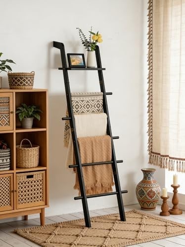 67in Black Wood Blanket Ladder with Top Shelf Hooks 5-Tier Farmhouse Rack