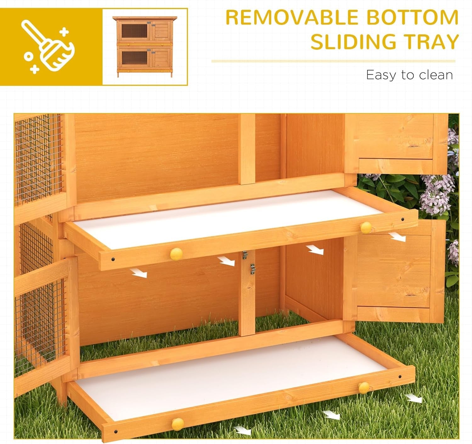 Large 2 Tier Rabbit Hutch Double Decker Wooden Cage Sliding Tray Roof