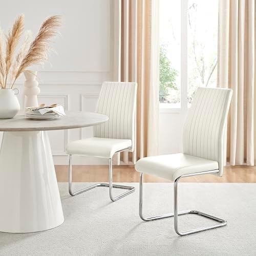Modern White Faux Leather Dining Chairs Set of 2 with Chrome Legs