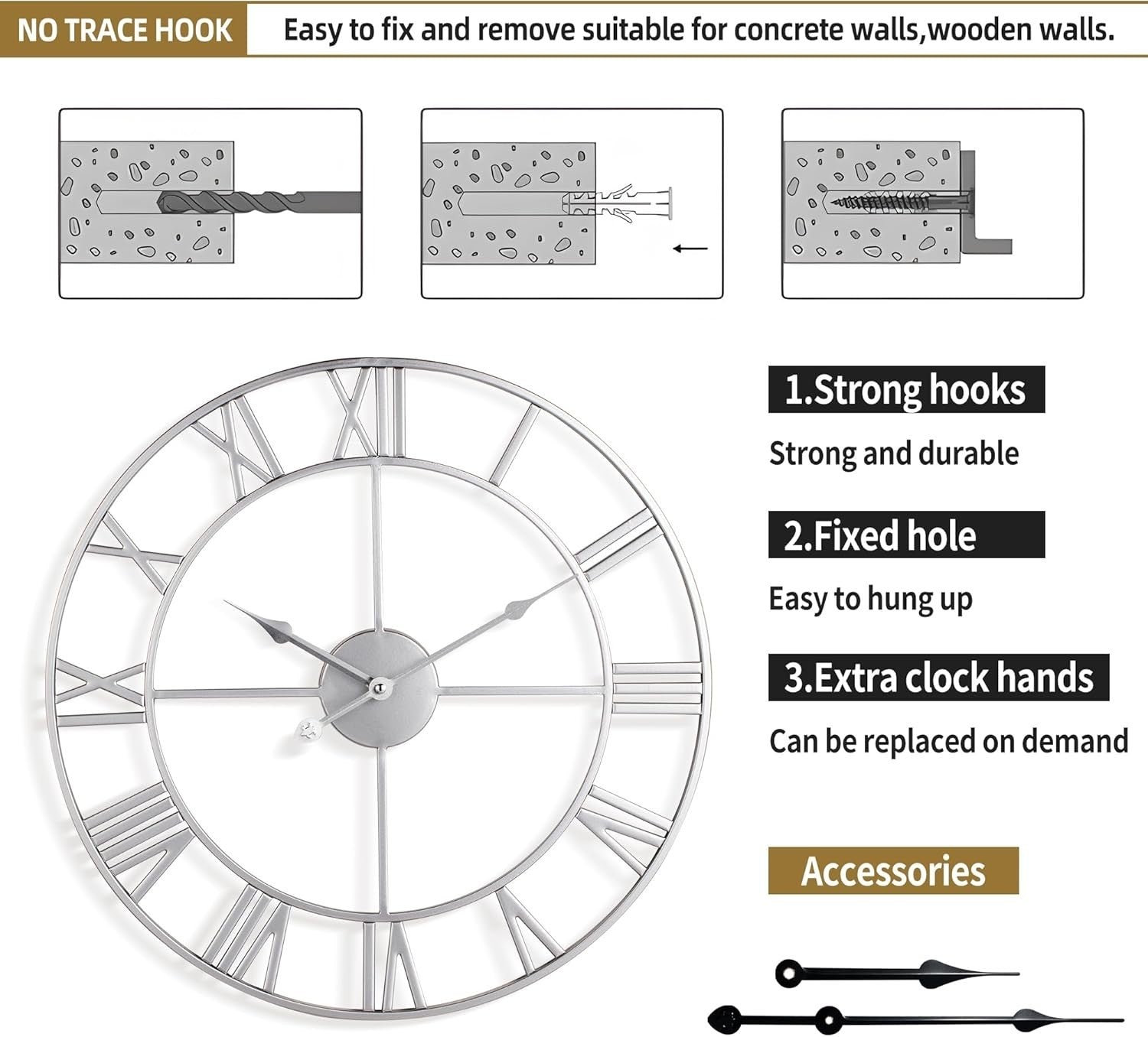 80CM Silent Wall Clock Roman Numerals Large Modern Silver Home Decor