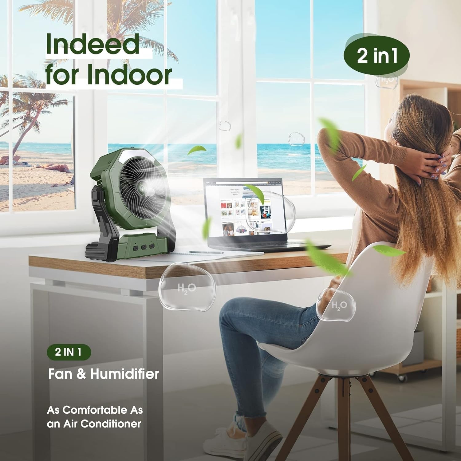 Green 8" Portable Misting Fan – 10000mAh Rechargeable Cooling Fan w/ LED Light