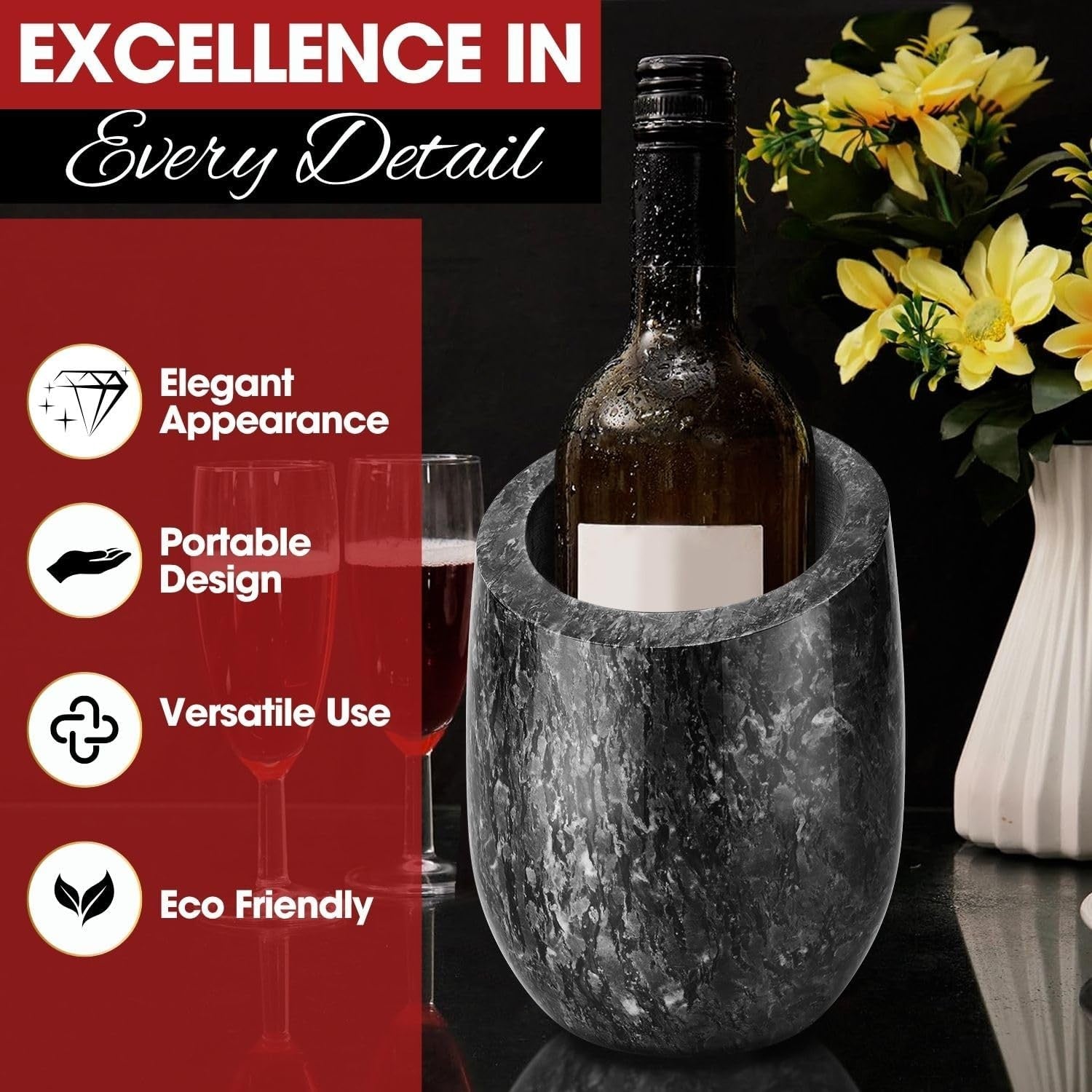 Black Marble Wine Chiller Bucket Champagne Cooler Ice Free Tabletop 750ml