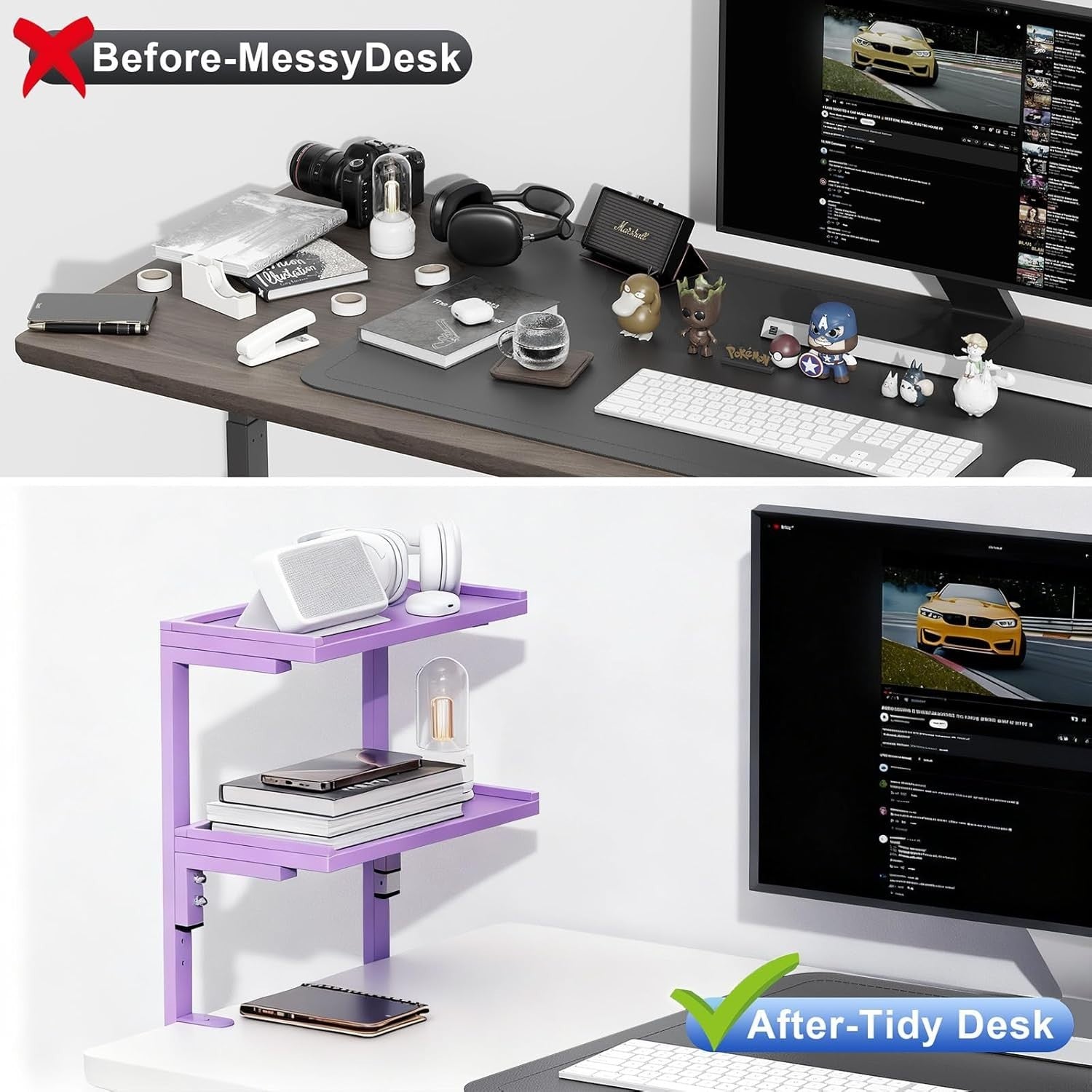 Purple Clamp-On Desk Shelf 2-Tier Adjustable Desktop Organizer Storage Rack