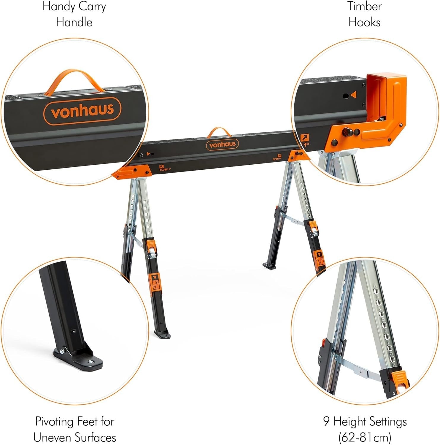 Heavy Duty Folding Sawhorse Twin Pack 1178kg Load 9-Height Adjustable Stands