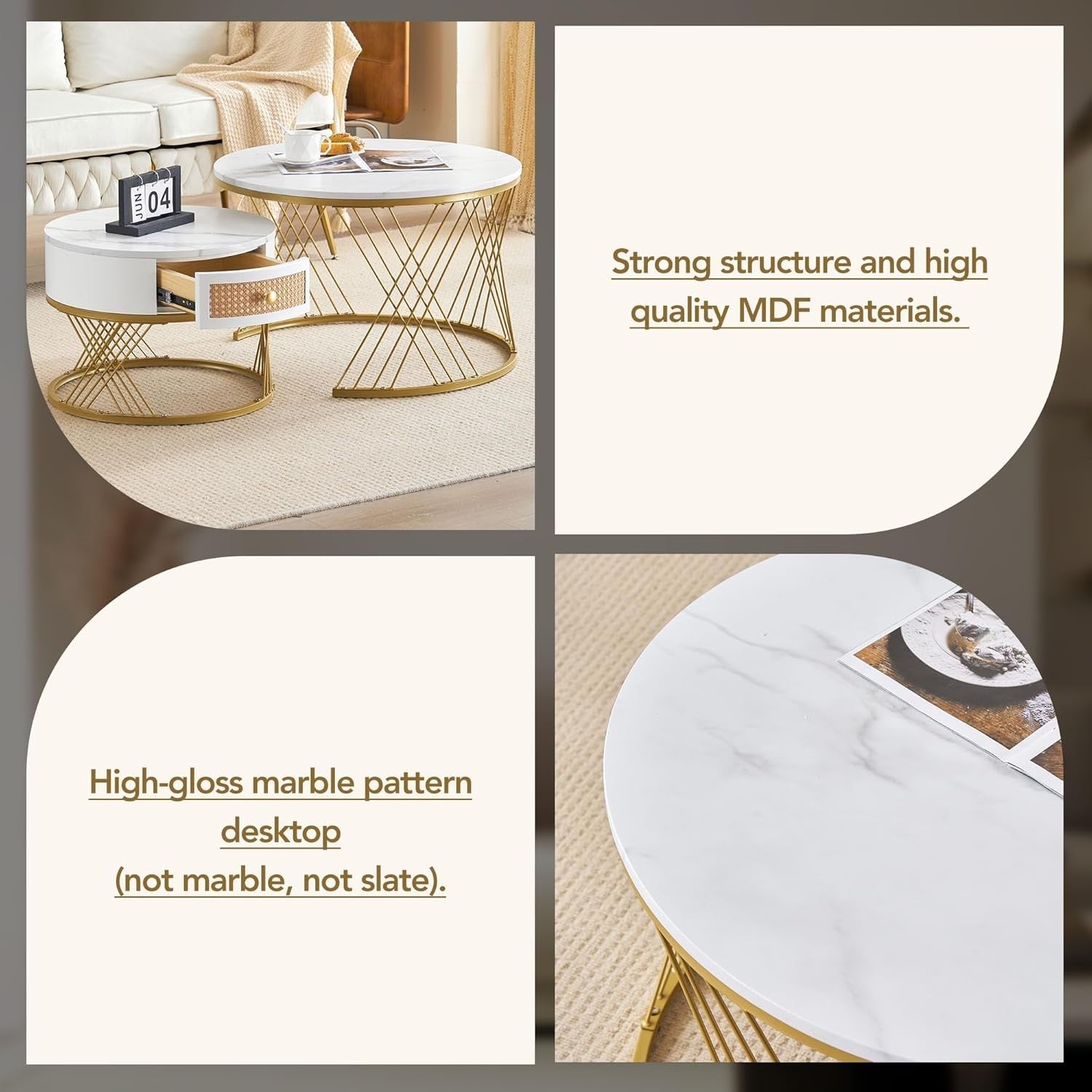 ModernLuxe 2-in-1 Round Coffee Table Set with Rattan Drawer & Gold Metal Frame