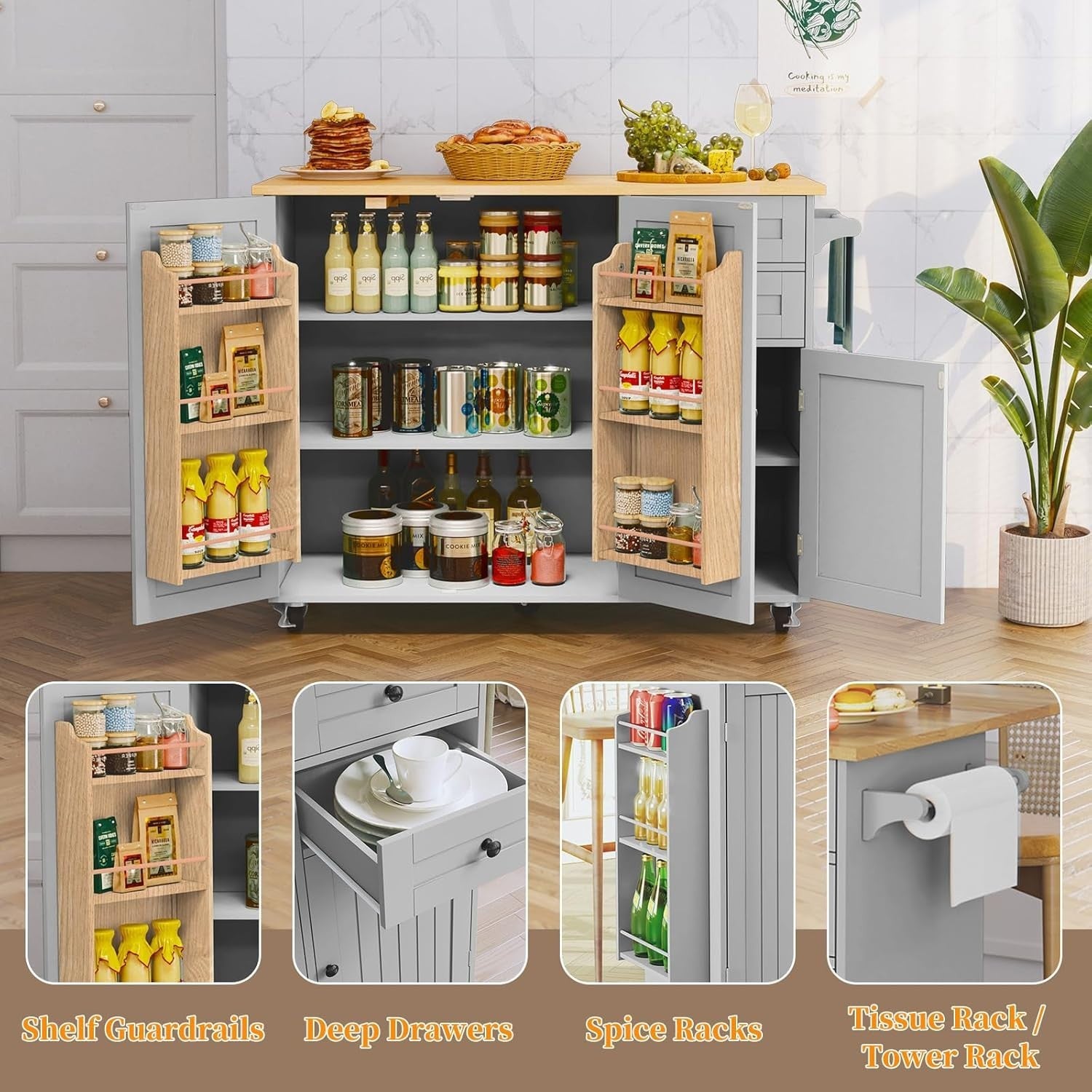 Grey Kitchen Island on Wheels with Extendable Rubberwood Top & Storage