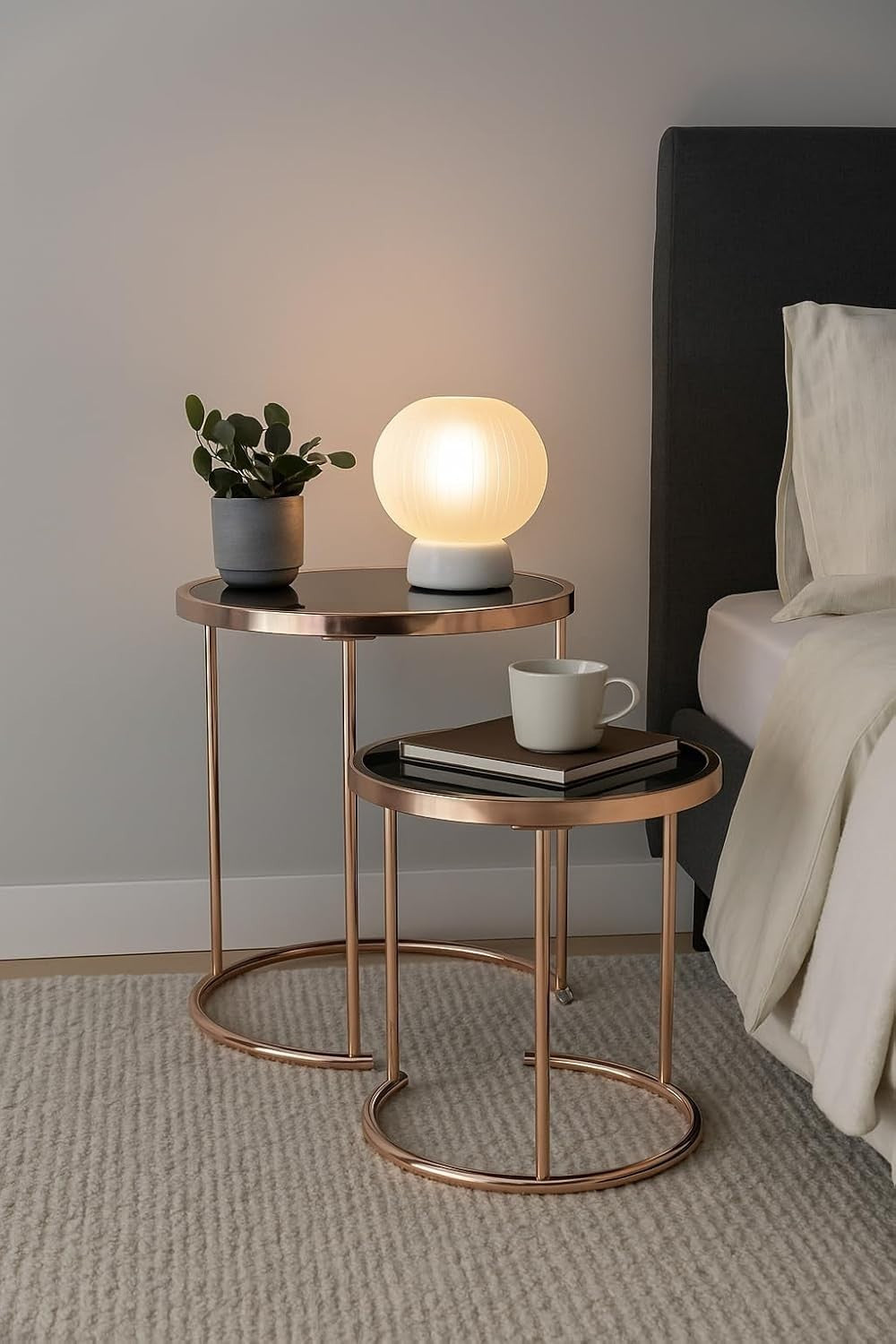 2x Modern Copper/Black Nesting End Tables Glass Top Side Coffee Set Round