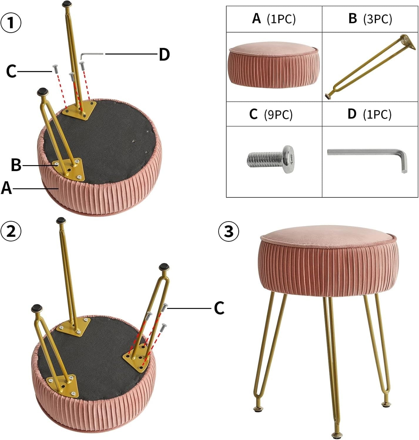 Pink Velvet Round Vanity Stool with Golden Steel Legs – Footrest & Side Table