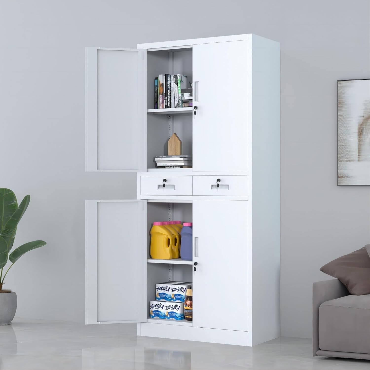 White Metal Storage Cupboard with Locks Drawers Adjustable Shelves 180cm