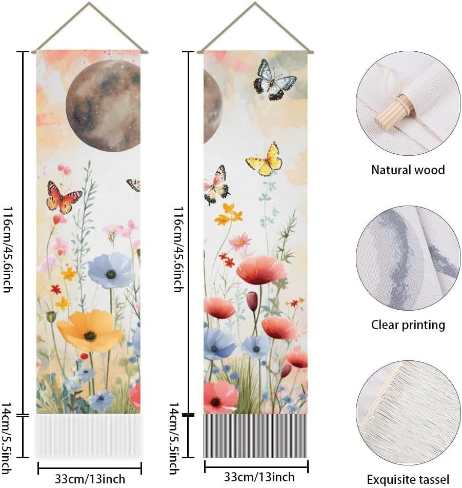 Boho Beige Flower Tapestry 2pcs 45.7x13in Butterfly Wall Decor