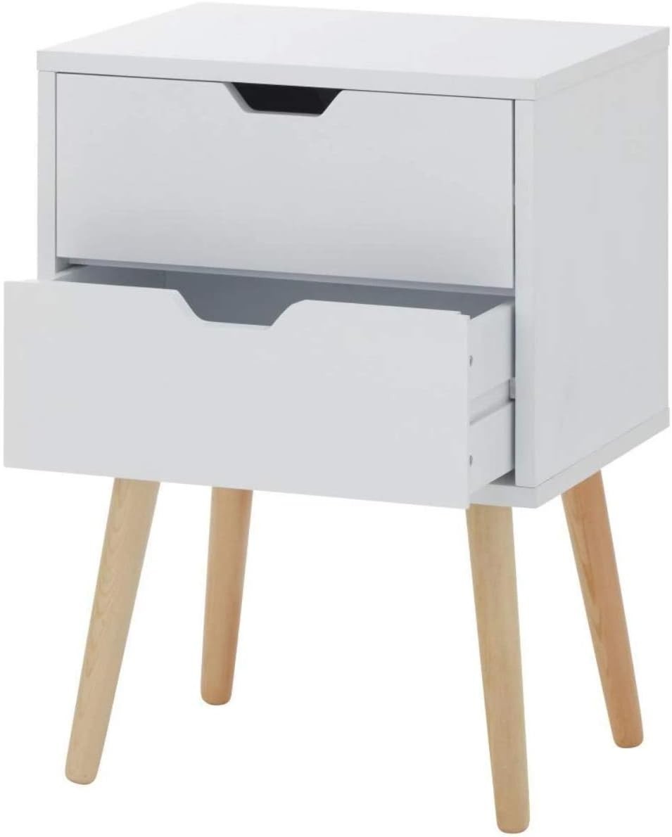 Set of 2 White Bedside Tables with 2 Drawers & Wooden Legs
