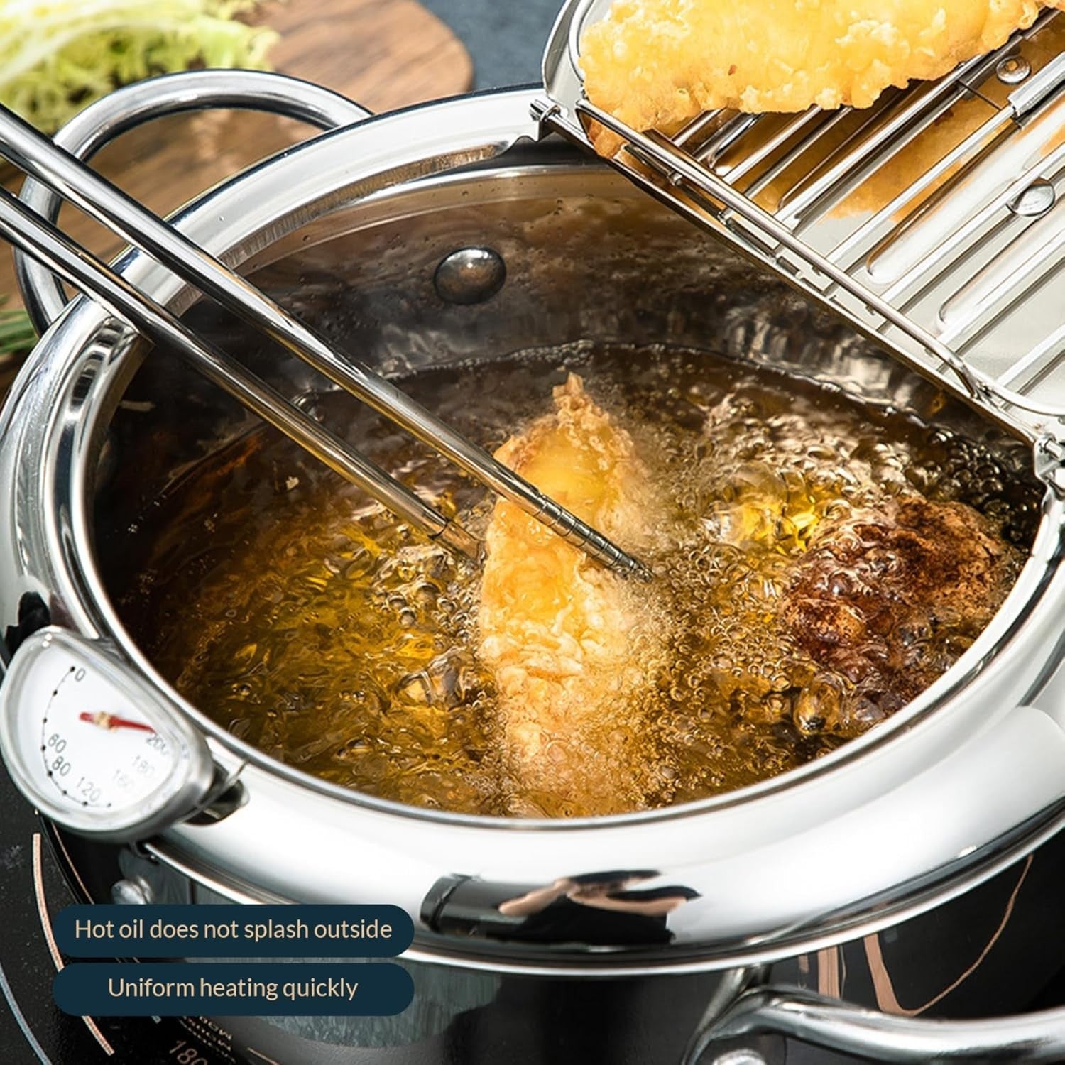 4.2L Stainless Steel Tempura Fryer Pot 11'' Thermometer Oil Drip Rack