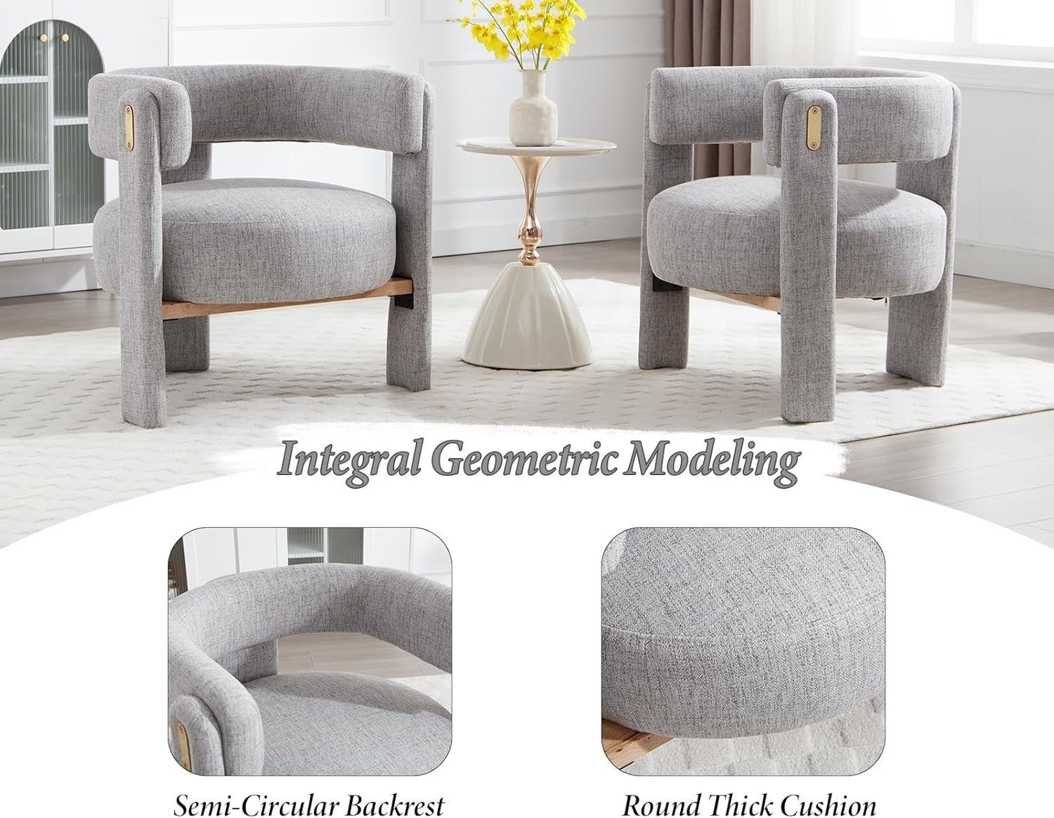 Grey Linen Accent Armchair – Semi-Circular Modern Lounge Chair for Living Room