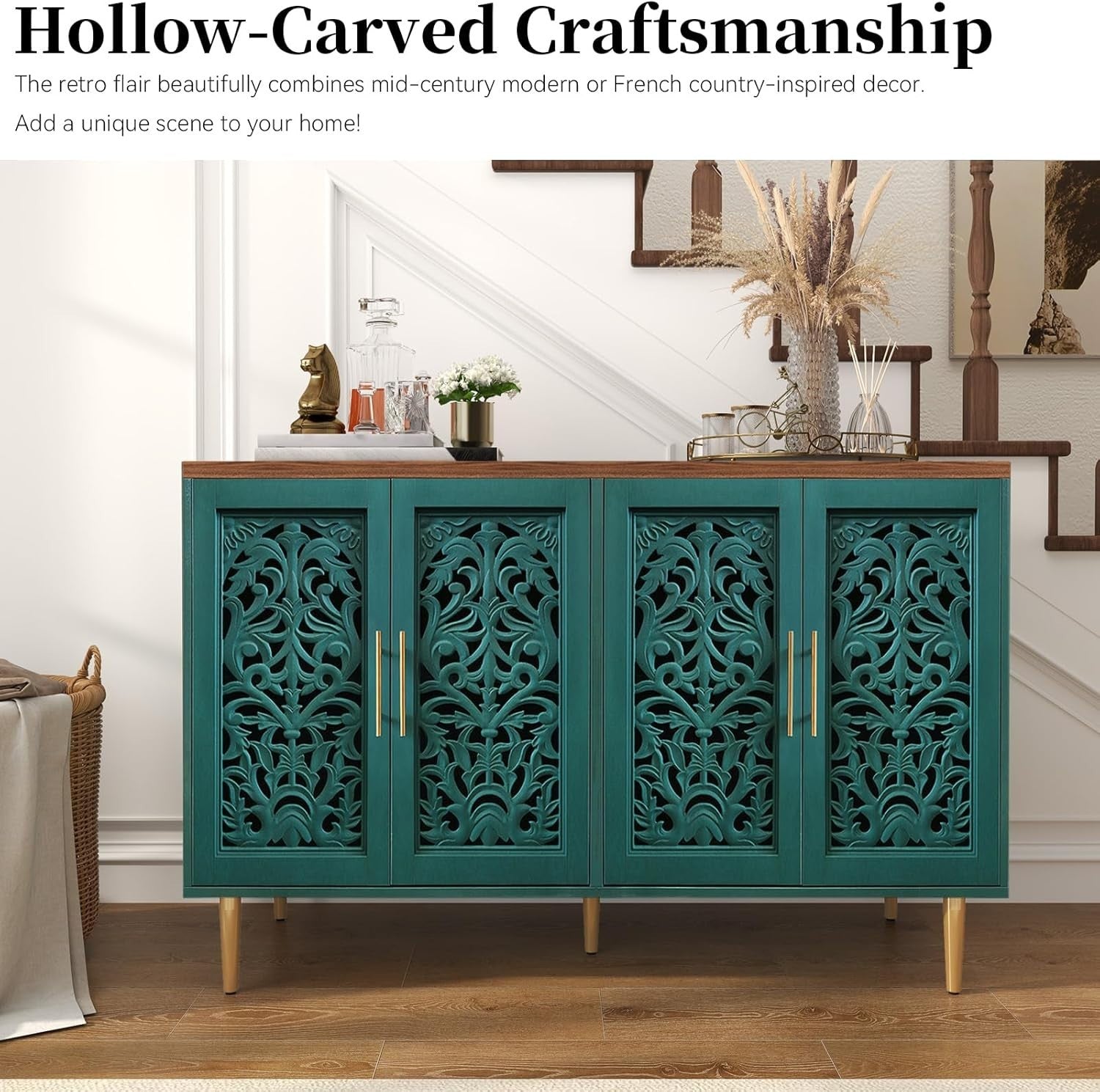 Vintage Green Sideboard Cabinet 4 Doors Hollow Carved Buffet Storage Unit