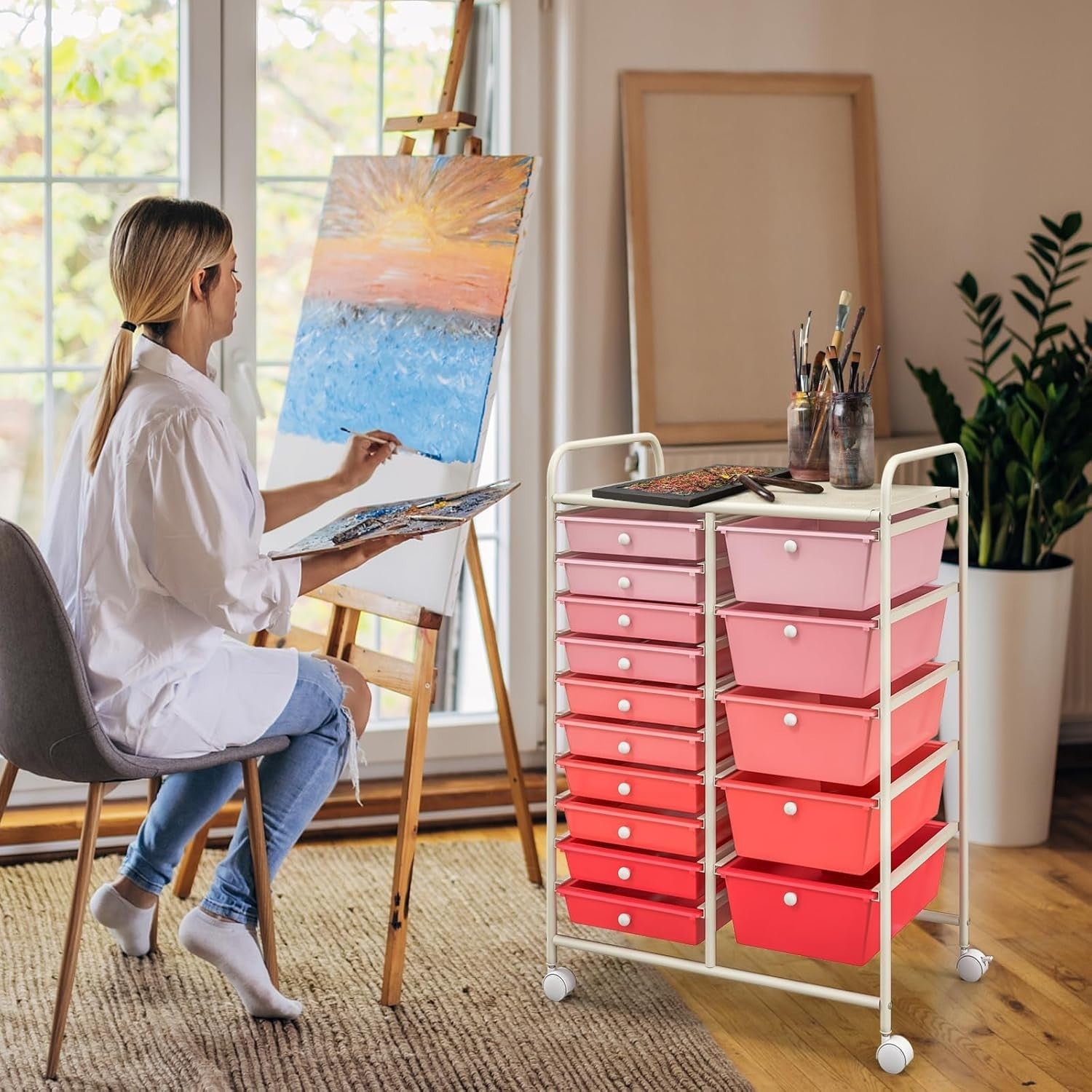 Gradient Pink 15 Drawer Rolling Storage Cart Beauty Craft Organizer