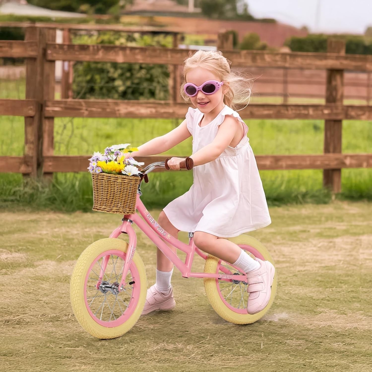 14" Kids Balance Bike with Basket Adjustable No Pedal Training Bike Pink