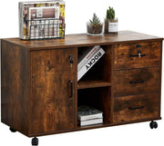 Rustic Brown Locking Rolling File Cabinet 3 Drawer Large Printer Stand
