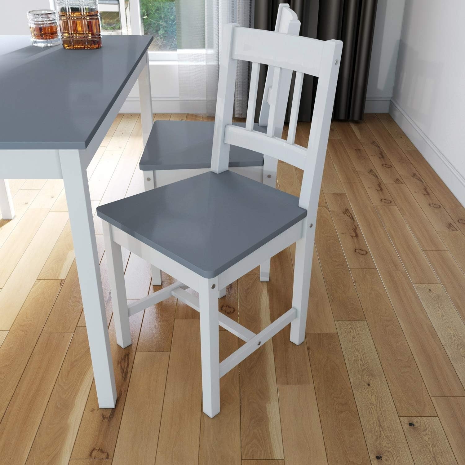 Solid Wooden Dining Table & 4 Chairs Set - Grey, Compact Kitchen Dining