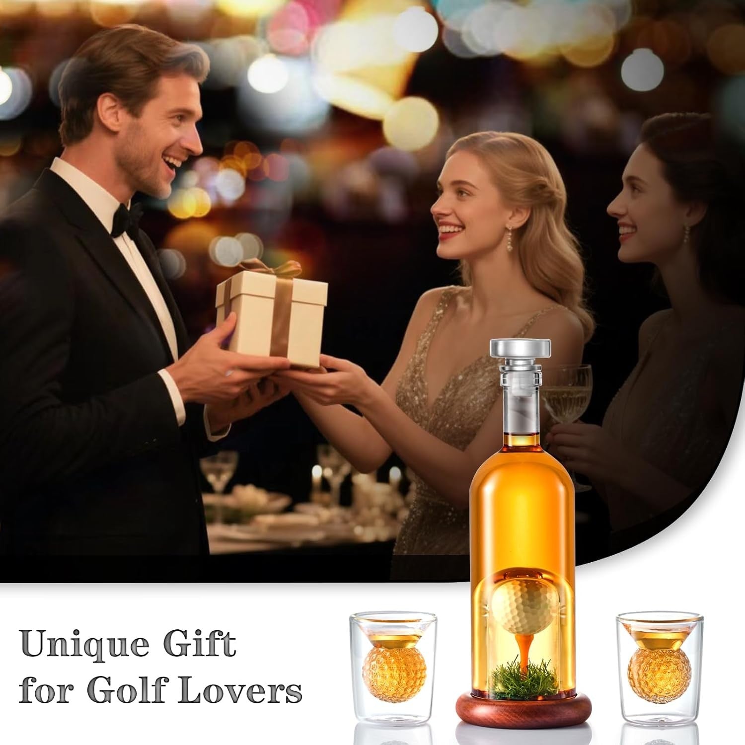 Golf Ball Whiskey Decanter Set with Glasses – 850ml Liquor Dispenser Gift