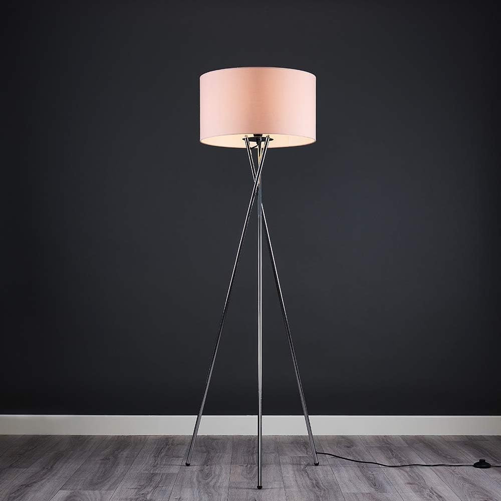 Modern Chrome Tripod Floor Lamp Pink Shade Tall Living Room Bedroom Light