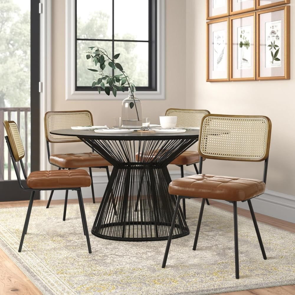 Rattan Dining Chairs Set of 4 Cane Back Faux Leather Mid Century Kitchen