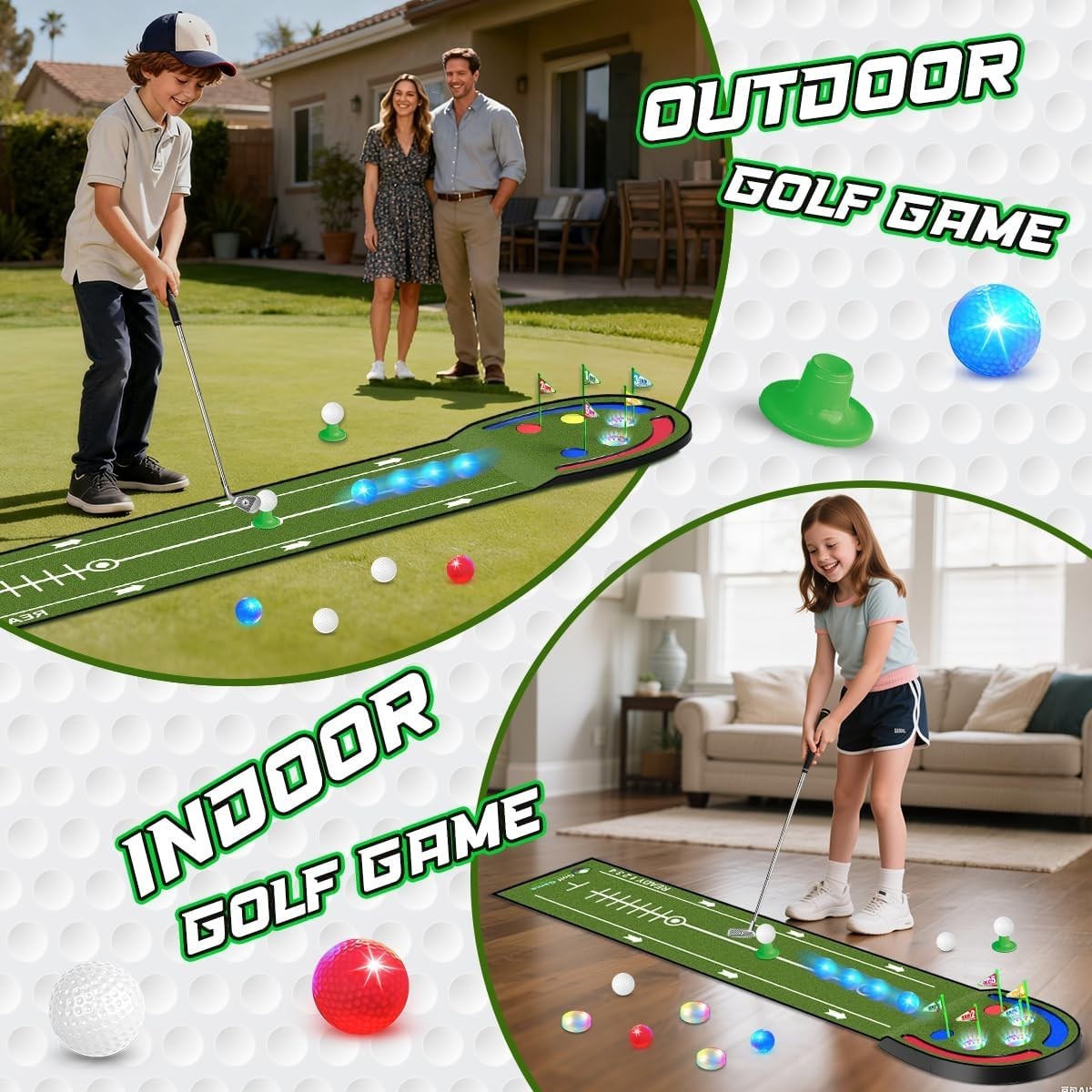 Kids Golf Putting Mat LED Light Up 7.8ft Training Green Indoor Outdoor