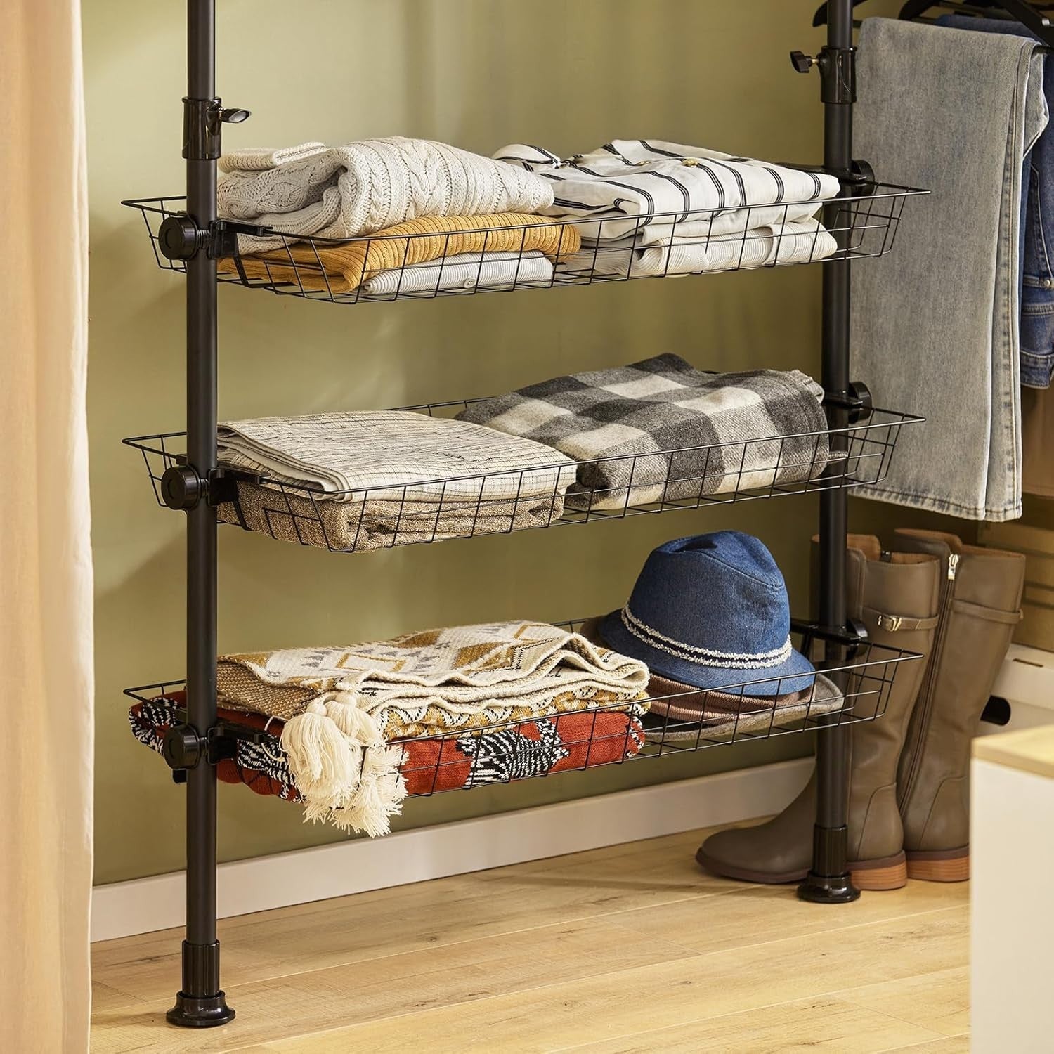 FRG34 Telescopic Clothes Rail Black Heavy Duty Open Wardrobe