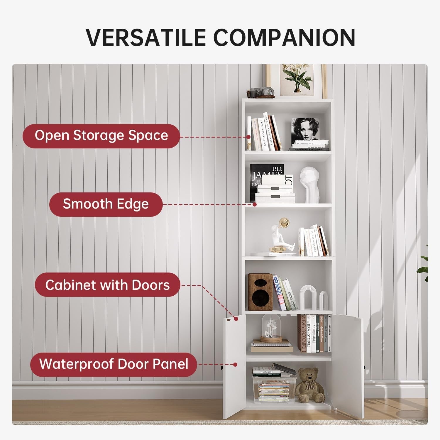 Tall White 6-Tier Bookcase with Cabinet Doors Modern Storage Display Unit 181cm