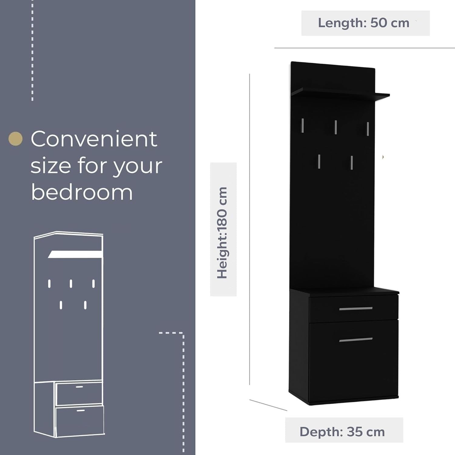Modern Black Double Wardrobe with Drawers, Hooks & Shoe Storage 180cm