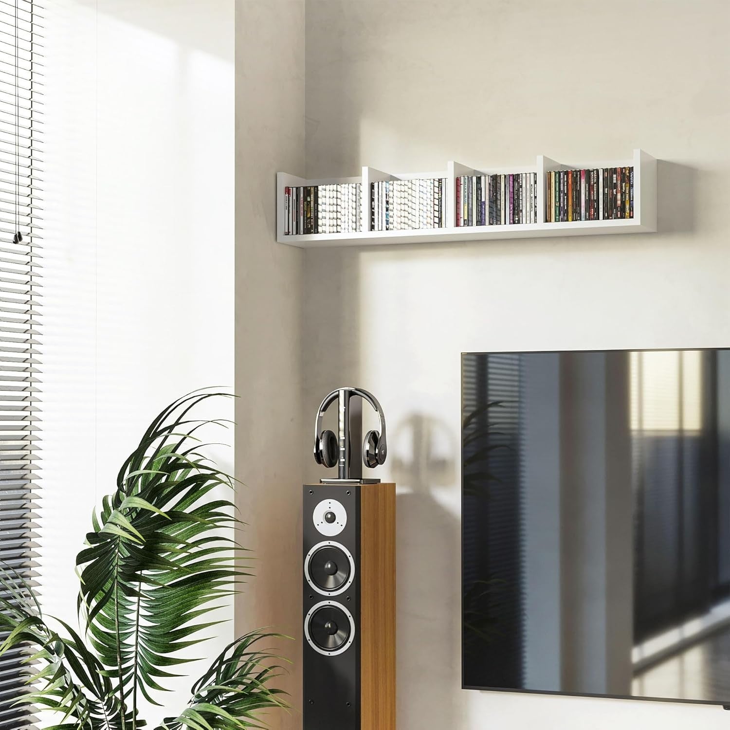 Wall Mount CD DVD Blu Ray Storage Shelf 4 Cube Media Rack White 95cm