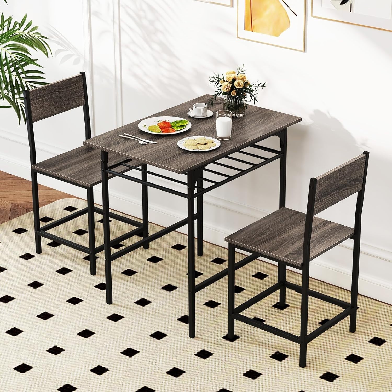 Grey 3-Piece Dining Table Set with 2 Chairs & Storage Rack Kitchen Bistro
