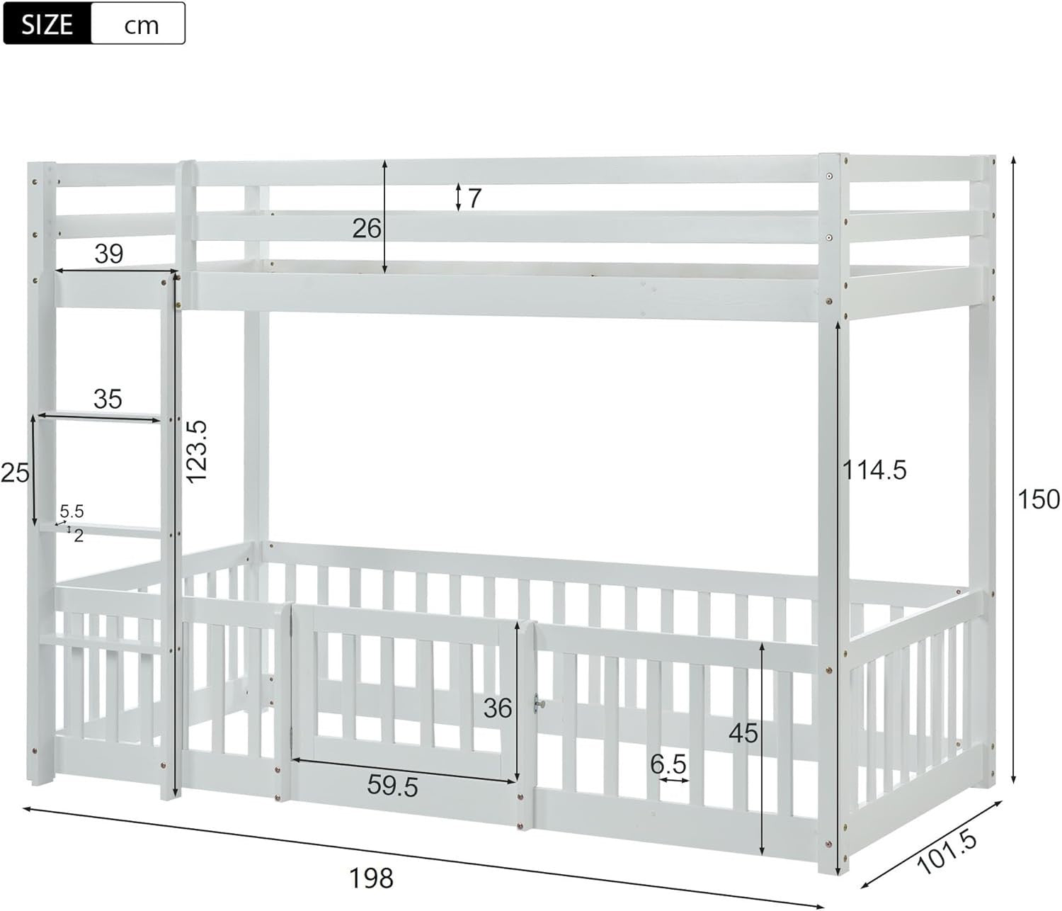 3FT Kids Bunk Bed with Fences & Door, Solid Pine Wood, Safe Play Area.