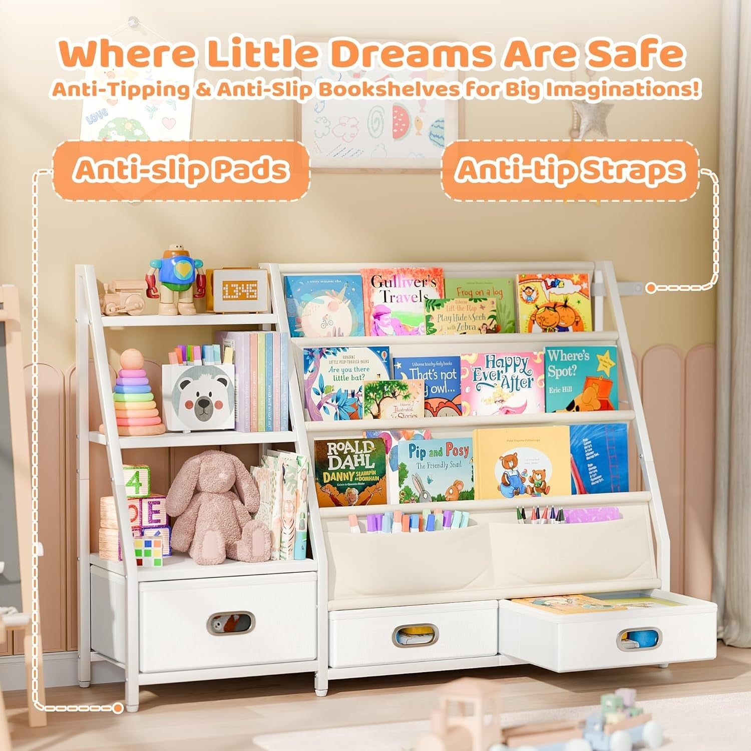3-Tier Kids Bookshelf with 3 Drawers Toddler Toy Storage Organizer