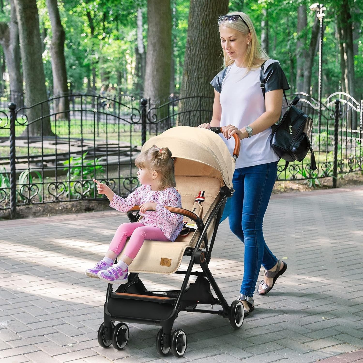 Beige Lightweight Baby Pushchair One Hand Fold Travel Buggy