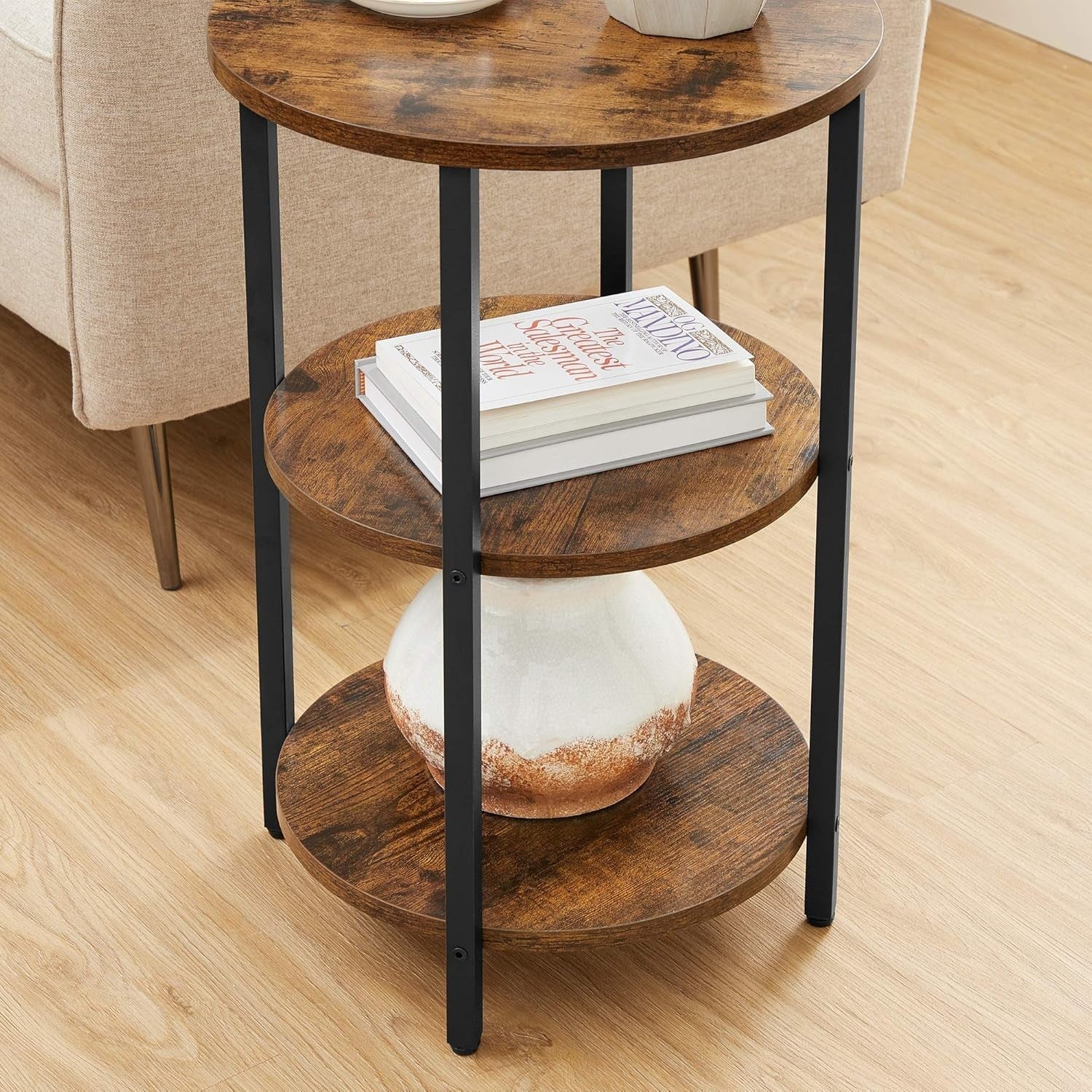 Round 3-Tier Side Table Rustic Brown Black Steel Frame Small Coffee End Table