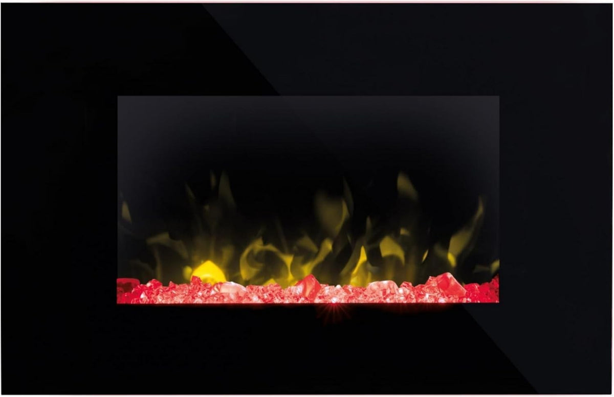 Wall Mounted Electric Fireplace Black Glass LED Flame 2kW Heater Timer