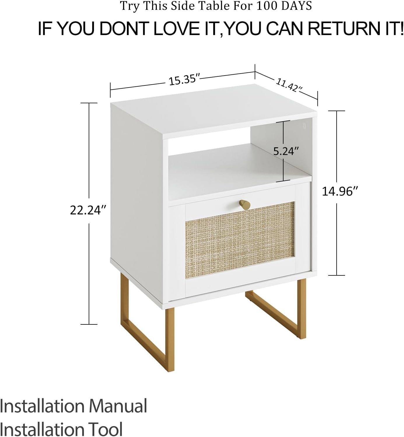 Modern Rattan Bedside Table with Drawer & Shelf – Boho White Wood Nightstand
