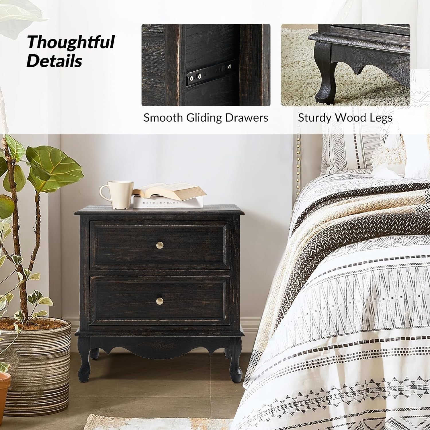 Charcoal Wood 2 Drawer Nightstand – French Country Bedside Table