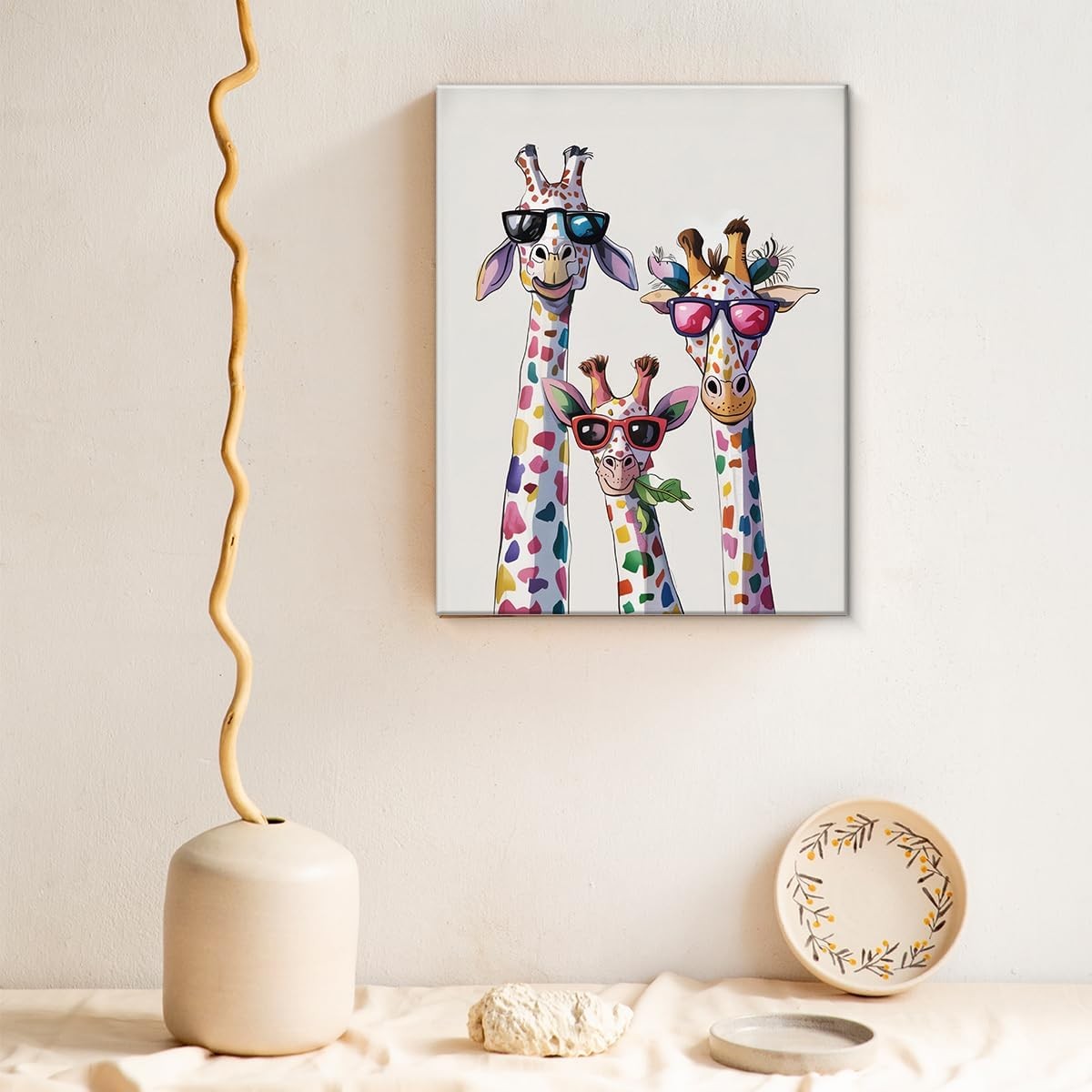 Colourful Giraffe Family Canvas Wall Art 8×10 Framed Animal Decor