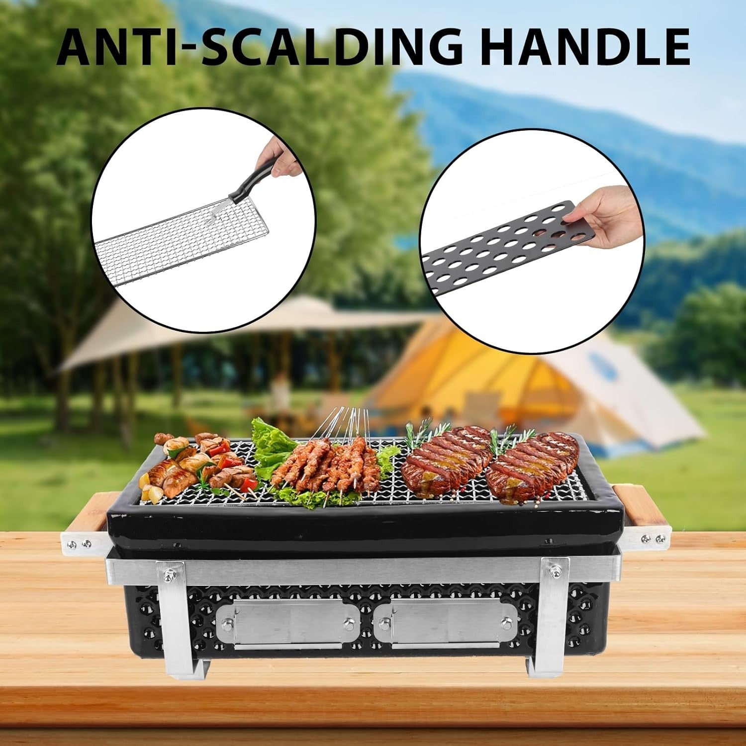 Portable Tabletop Charcoal BBQ Grill Non-Stick Ceramic Clay Stove Indoor Outdoor