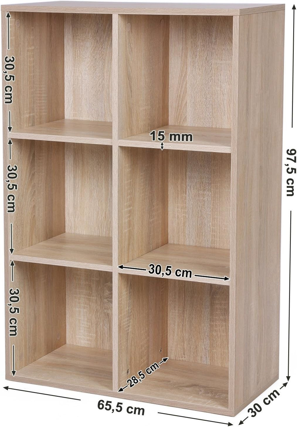 6-Compartment Oak Bookcase | Modern Cube Storage Shelf for Home Office Living Ro