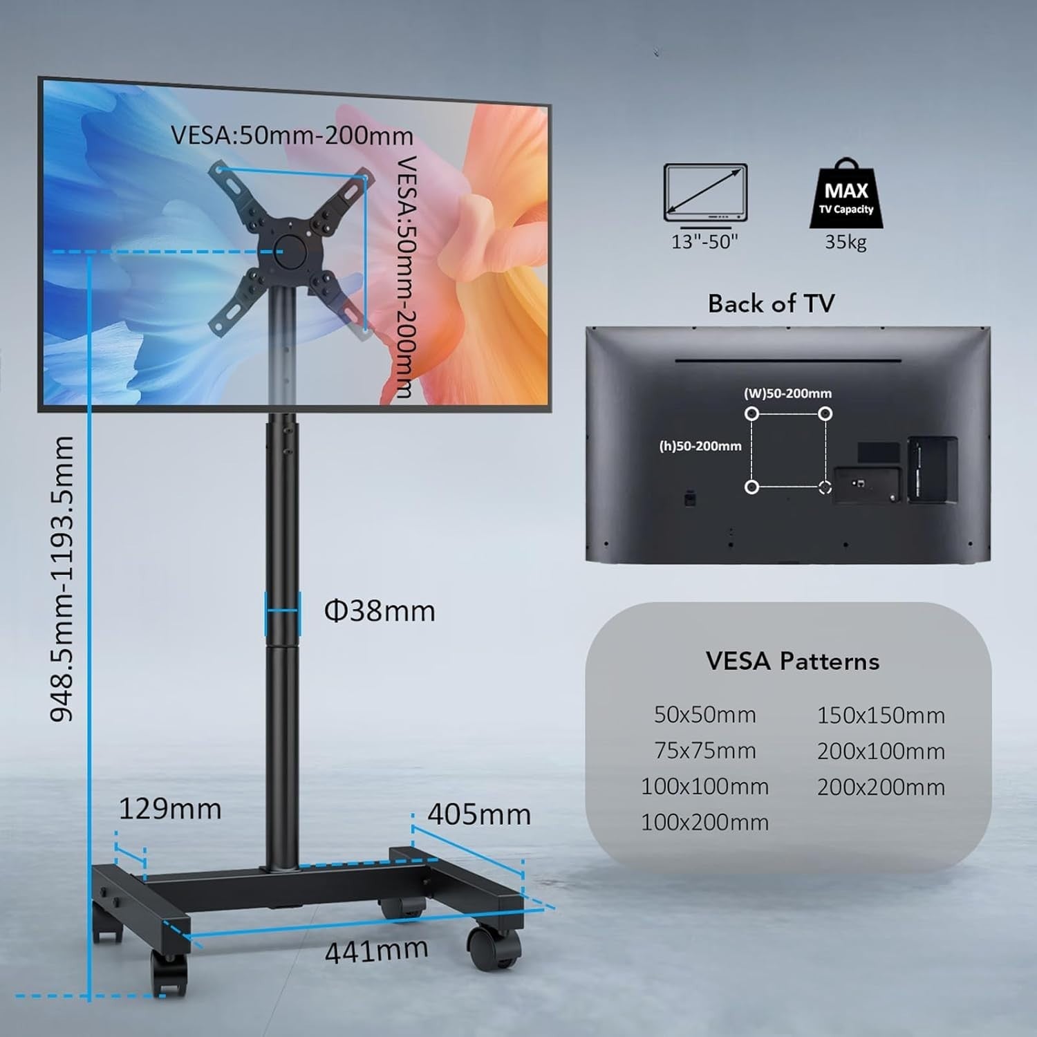Adjustable Mobile TV Floor Stand 13-50" Swivel Mount for LCD LED TVs up to 35kg