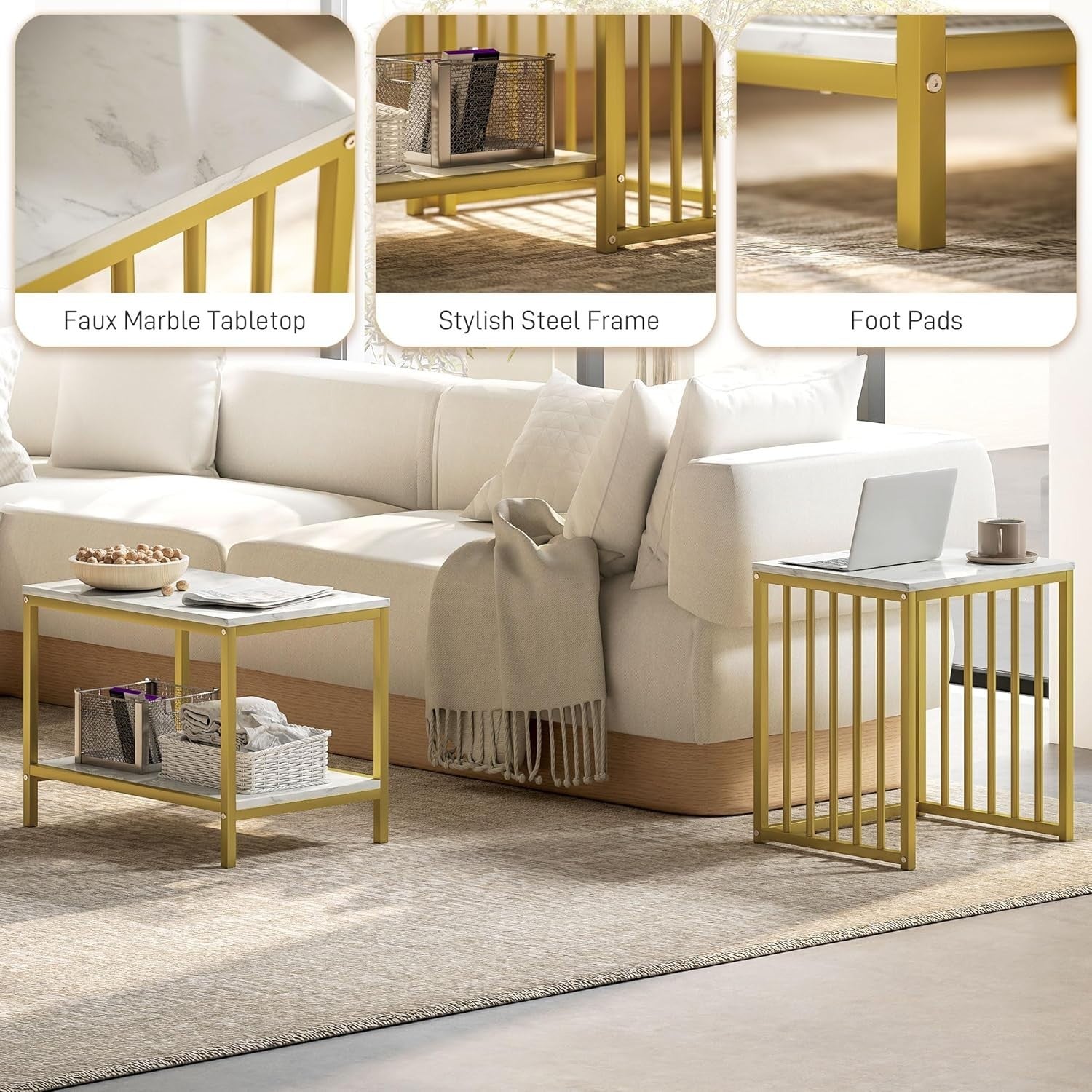 Nest of 2 Side End Coffee Tables Gold Metal Frame Wood Top Bedroom Living Room