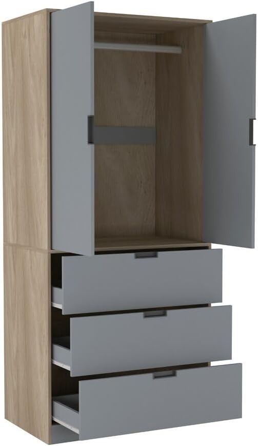 Modern 2-Door Wardrobe with 3 Drawers & Hanging Rail - Oak Grey Bedroom Storage