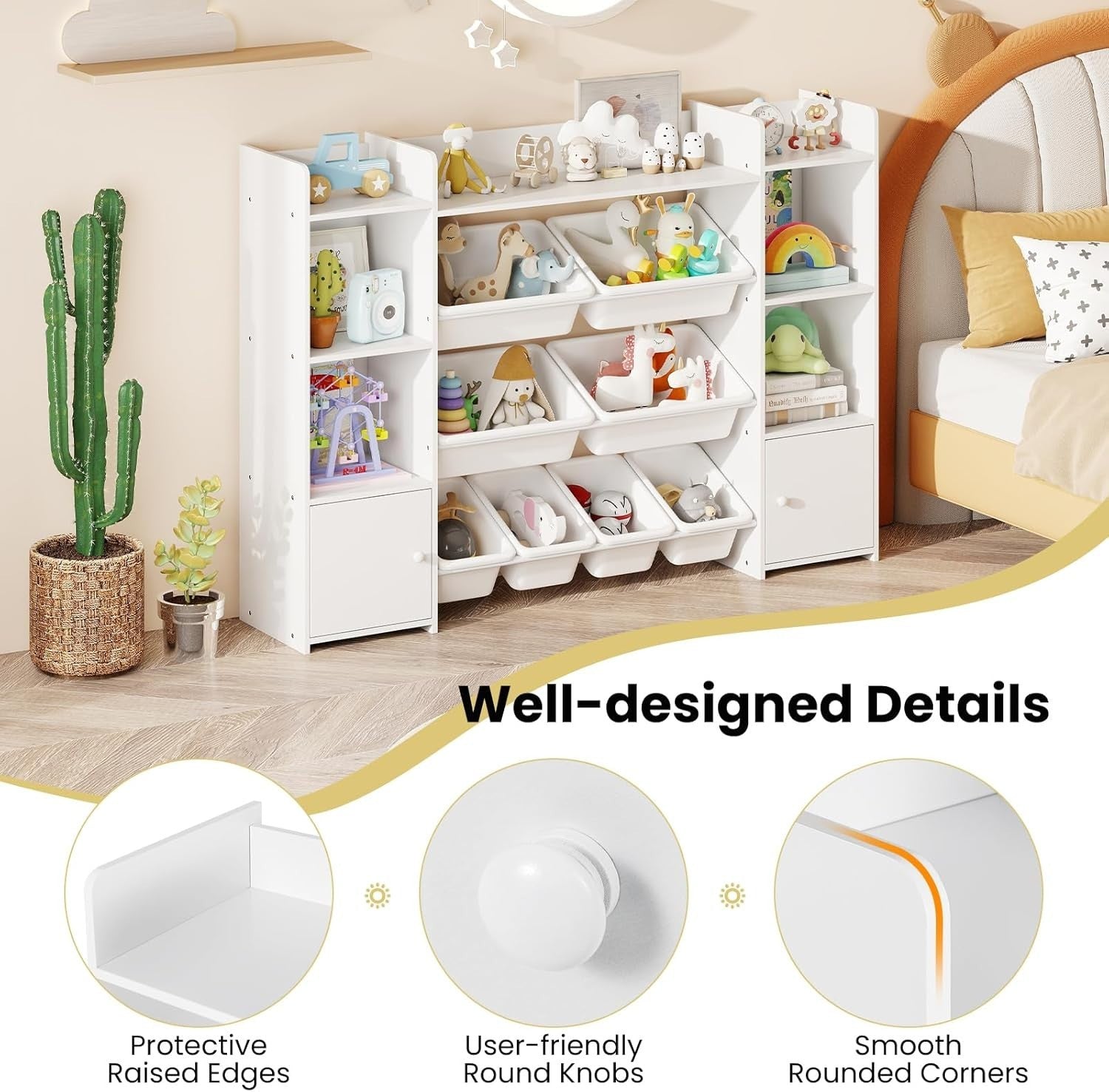 White Kids Toy Storage Unit – 4-Tier Bookshelf with Bins & Cabinets 142cm