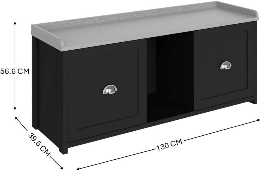 Black 2-Door Shoe Storage Bench – Rustic Entryway Seat & Hallway Organizer