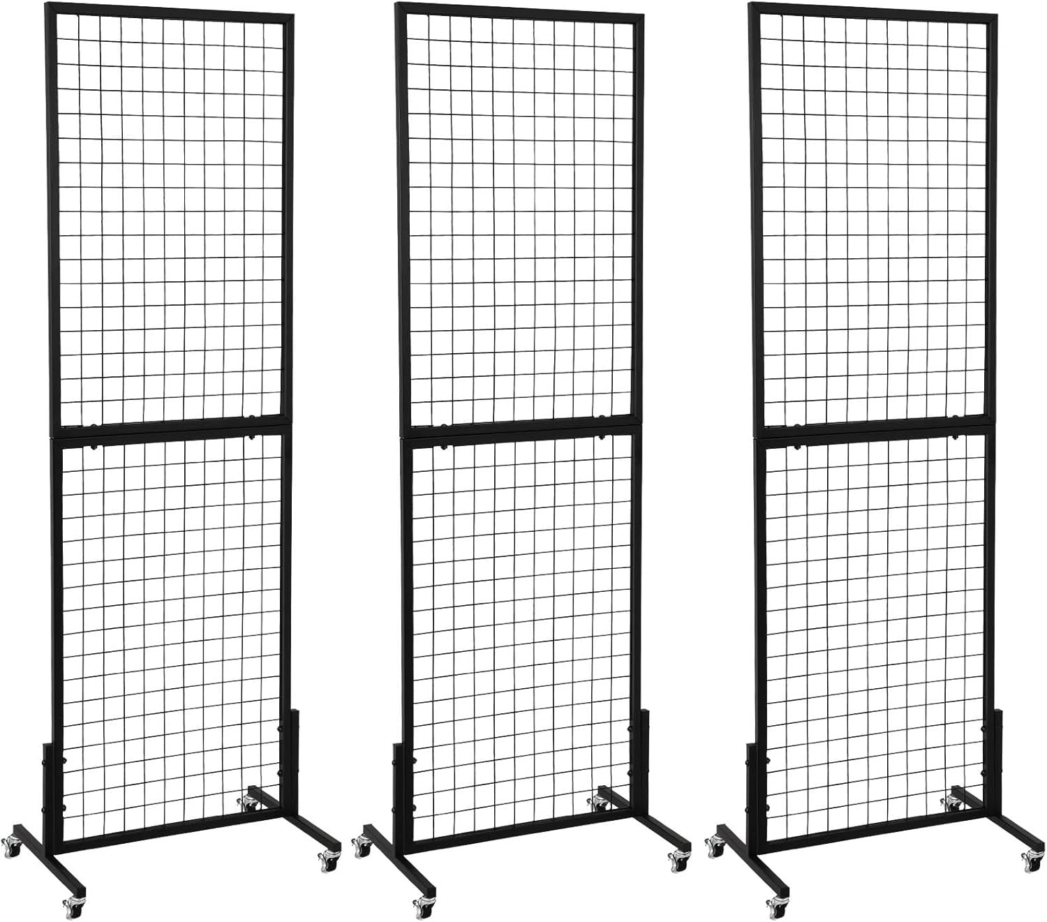 3 Pack Grid Wall Display Stand with Wheels – Black Metal Freestanding Grid Panel