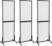 3 Pack Grid Wall Display Stand with Wheels – Black Metal Freestanding Grid Panel