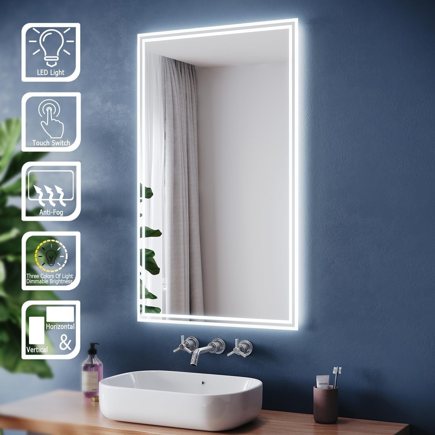 LED Bathroom Mirror 100x60cm Demister Pad Light Sensor Dimmable Wall Vanity